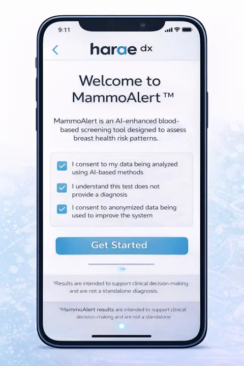 MammoAlert app welcome screen with consent checkboxes and a Get Started button