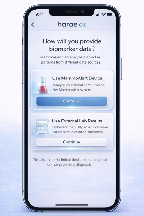 MammoAlert app screen choosing between the MammoAlert device or external lab results as a biomarker data source