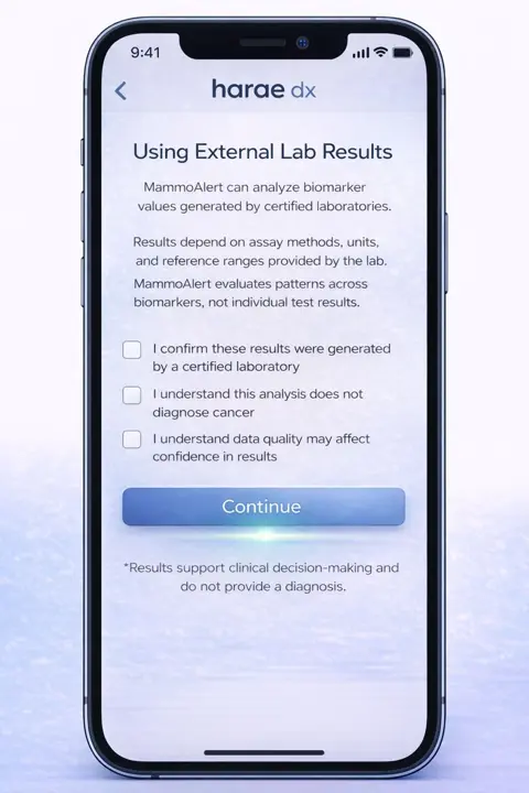 MammoAlert app consent screen for using external certified lab results