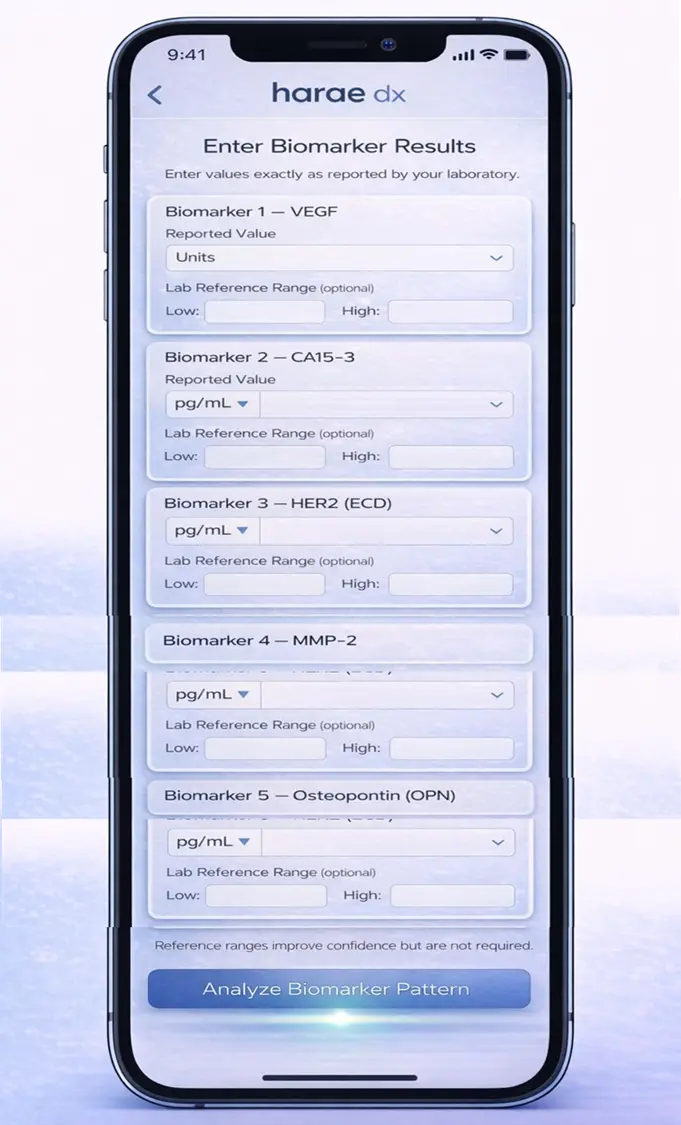 MammoAlert app screen for manually entering five biomarker values from a lab report