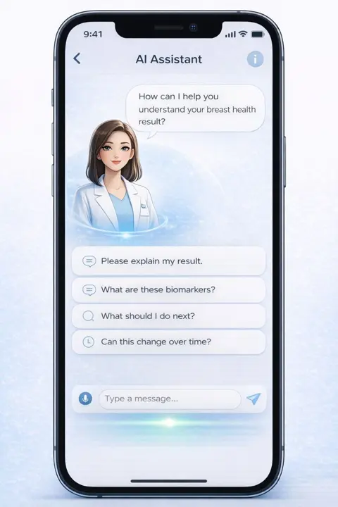 MammoAlert app AI assistant chat screen answering questions about the result