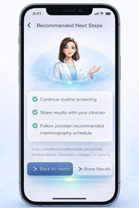 MammoAlert app recommended next steps screen with a next-step checklist