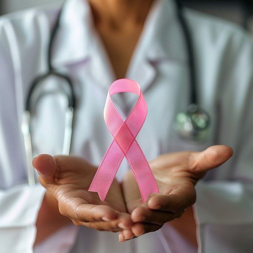 A clinician holding a pink breast cancer awareness ribbon