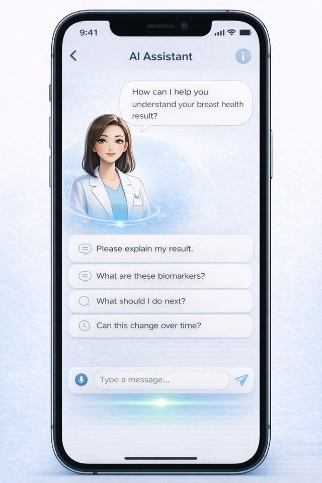 MammoAlert app AI assistant chat screen answering questions about the result