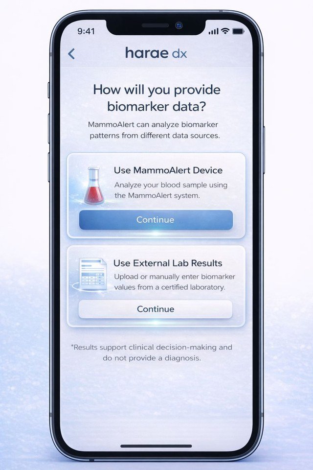 MammoAlert app screen choosing between the MammoAlert device or external lab results as a biomarker data source