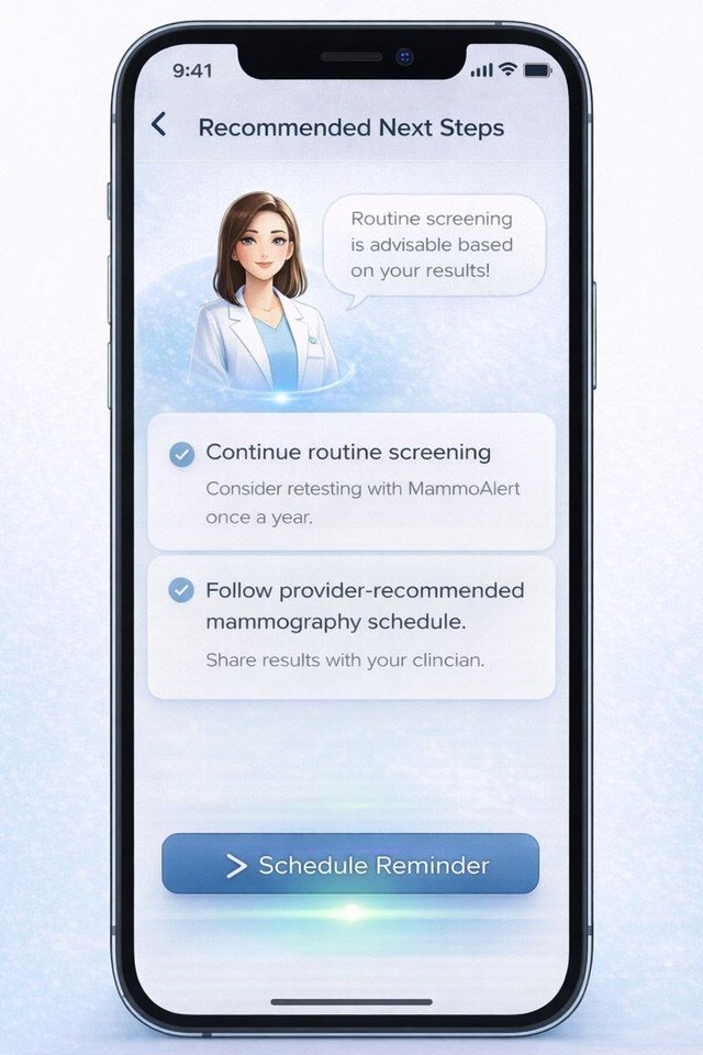 MammoAlert app recommended next steps screen with a screening reminder