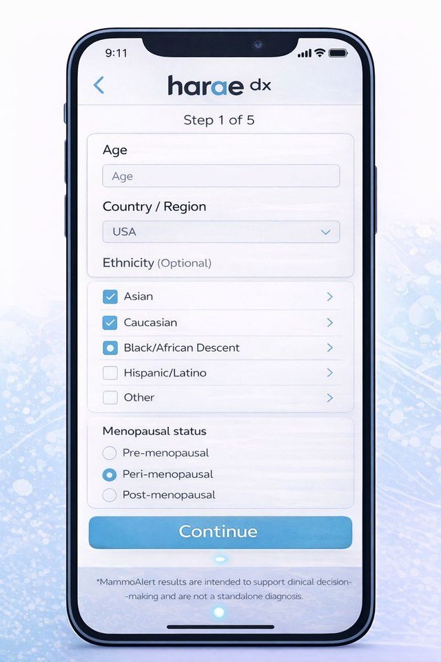 MammoAlert app onboarding screen collecting age, region, and demographic information