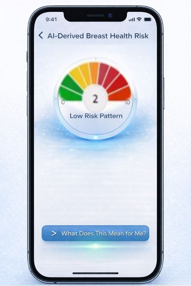 MammoAlert app result screen showing an AI-interpreted breast cancer risk gauge